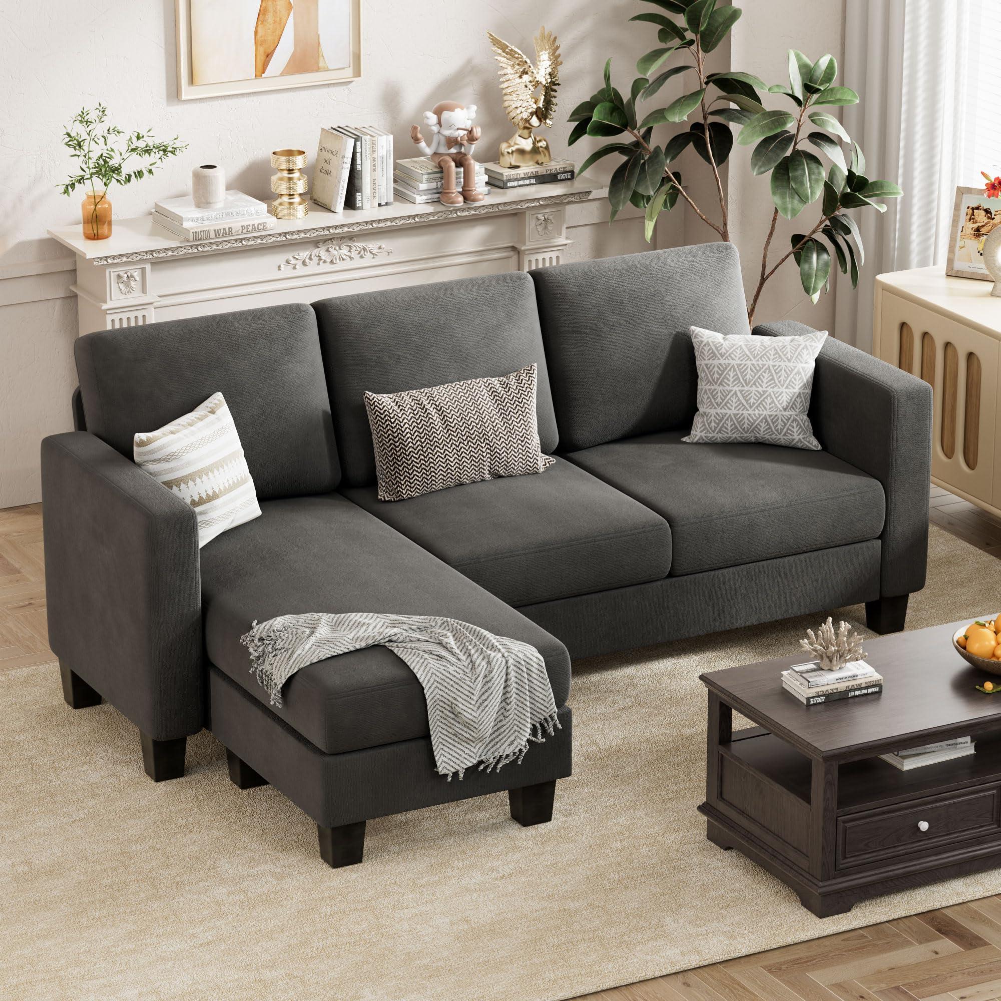 VICTONE Convertible Sectional Sofa Couch, 3 Seat L-Shaped Sofa with Linen Fabric Ottoman Small Couch for Small Apartments, Living Room and Office (Dark Gray).