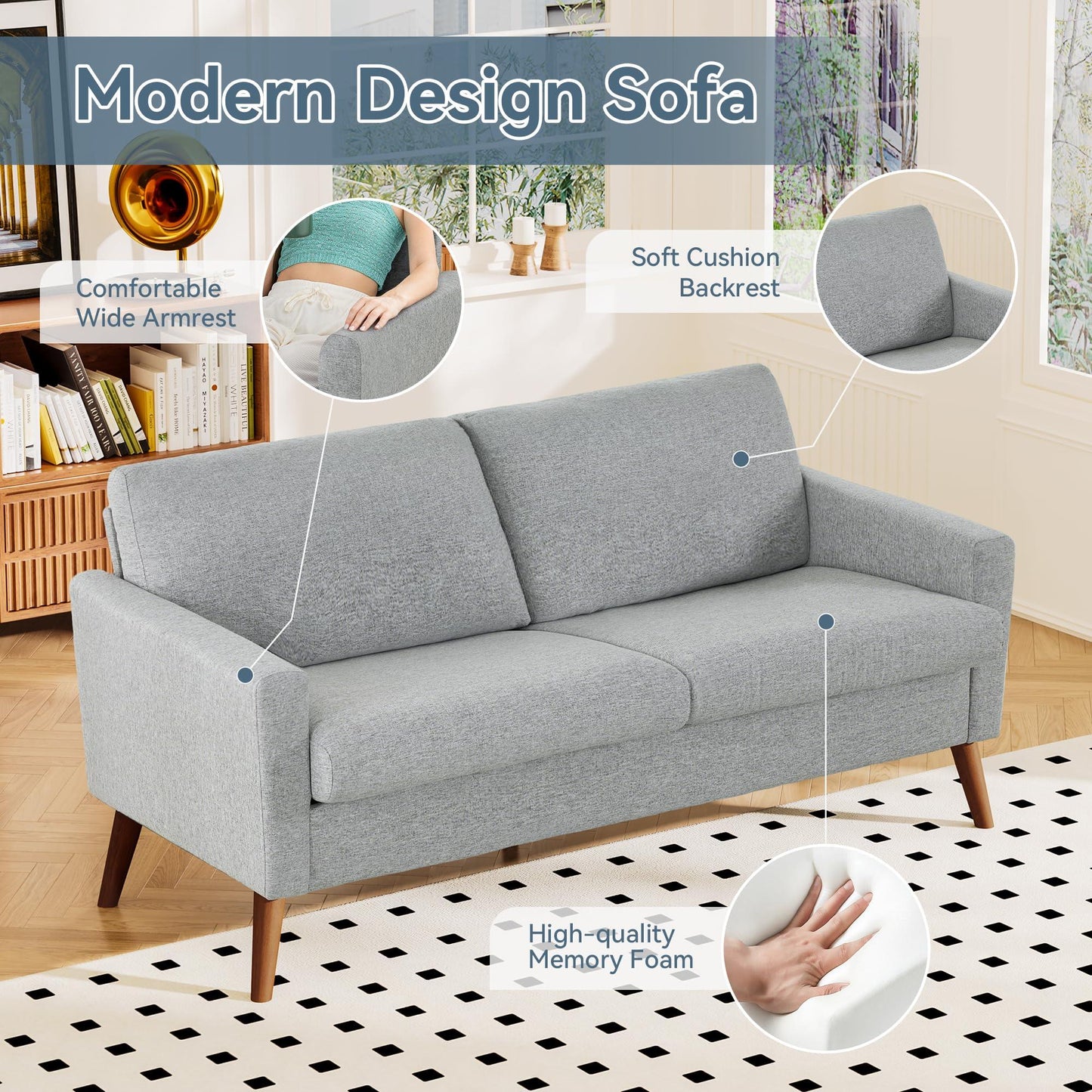 68" Loveseat Sofa for Living Room, Mid Century Modern Deep Seating Couches for Apartment Furniture, Comfy Two Seater Couches Sleeper Sofas, Grey Linen.