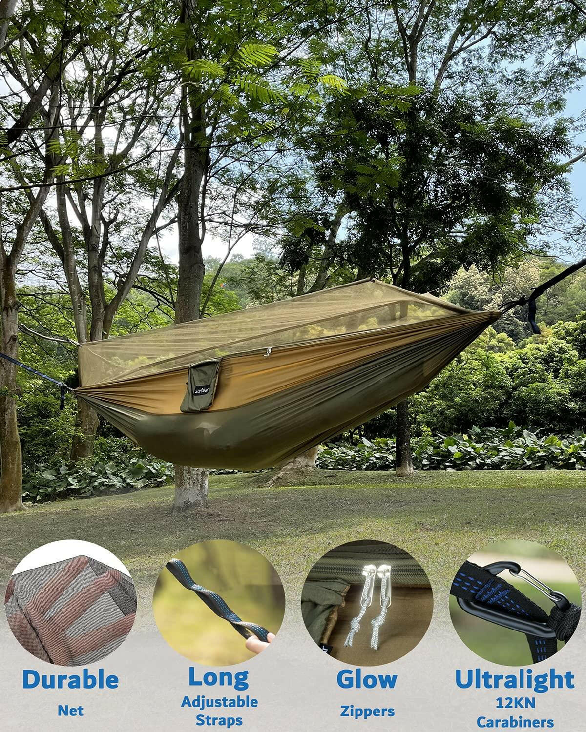 Sunyear Camping Hammock, Portable Double Hammock with Net, 2 Person Hammock Tent with 2 * 10ft Straps, Best for Outdoor Hiking Survival Travel