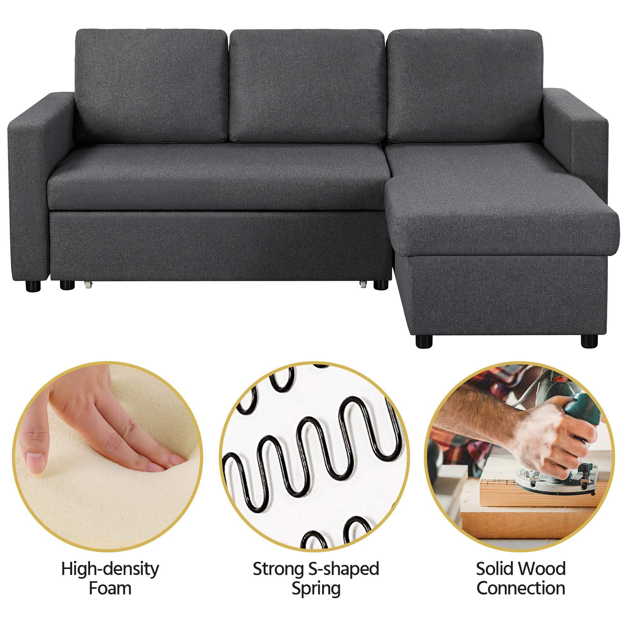 Yaheetech Sectional Sofa L-Shaped Sofa Couch Bed w/Chaise & USB, Reversible Couch Sleeper w/Pull Out Bed & Storage Space, 4-seat Fabric Convertible Sofa, Pull Out Couch for Living Room Dark Gray.