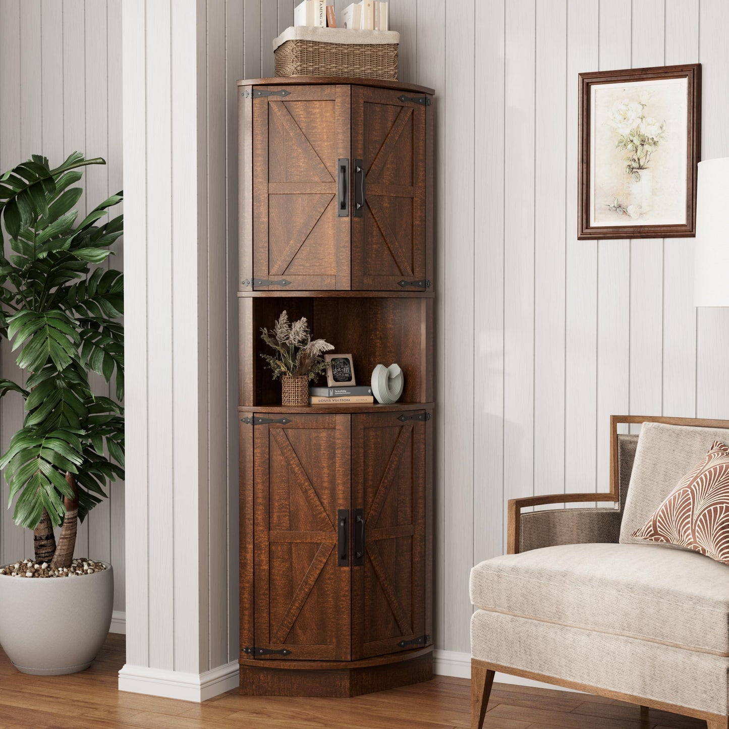 Vabches 64.8" Tall Farmhouse Corner Cabinet with 4 Doors and 5 Storage Shelves, Farmhouse Storage Cabinet with Barn Door Design, Home Space Saver for Living Room, Kitchen, Laundry Room,White.