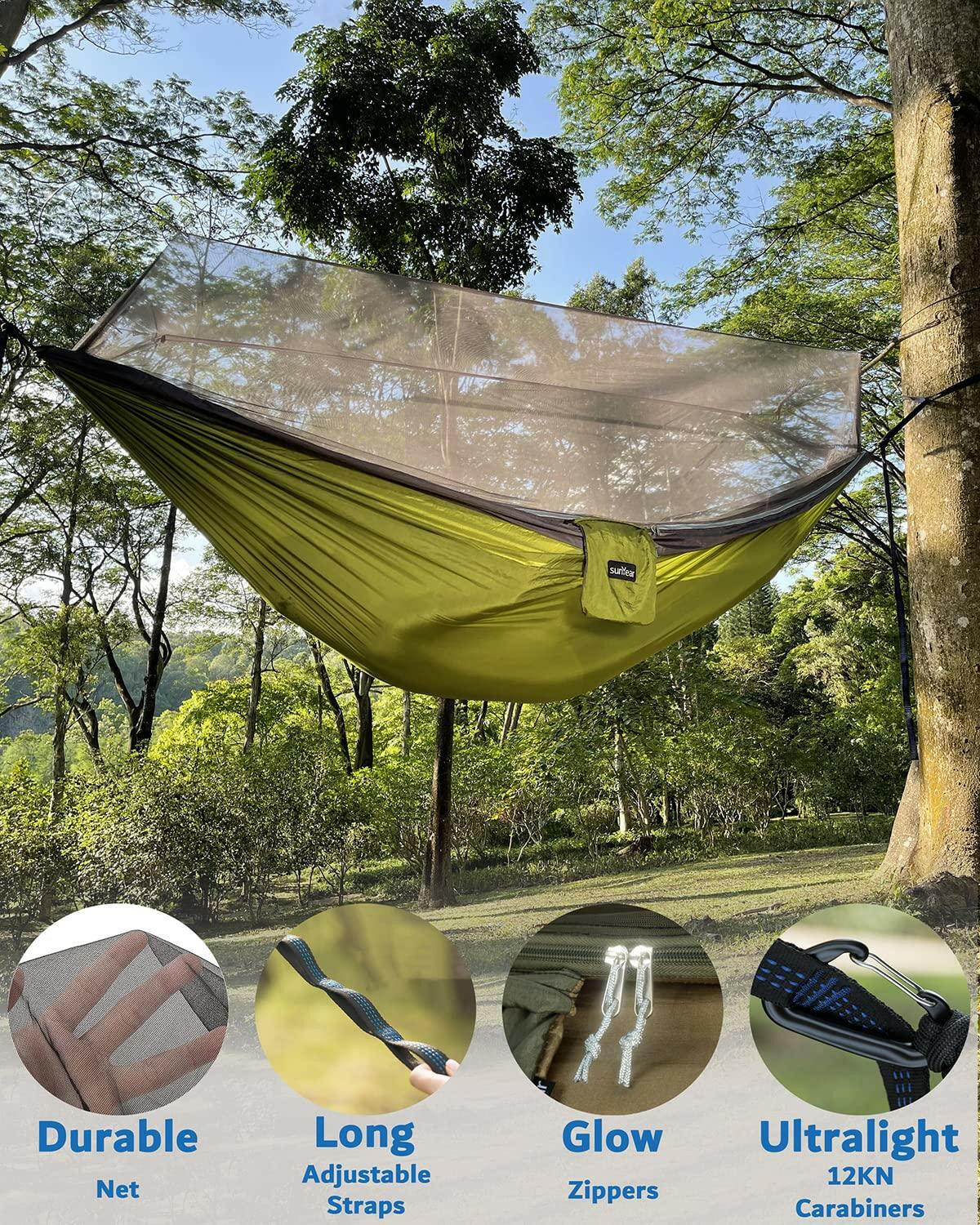 Sunyear Camping Hammock, Portable Double Hammock with Net, 2 Person Hammock Tent with 2 * 10ft Straps, Best for Outdoor Hiking Survival Travel