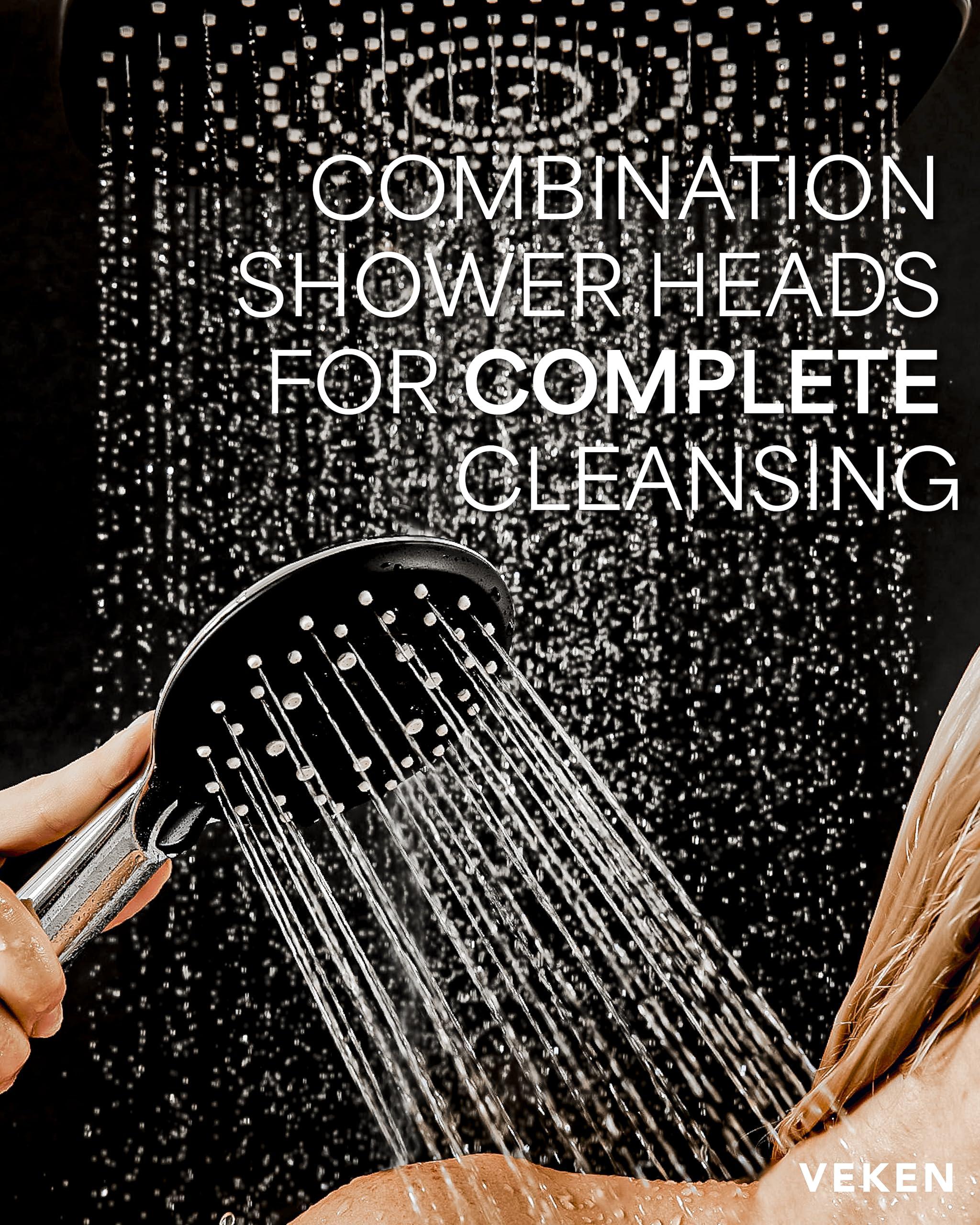 Veken High Pressure Rain Shower Head Combo with Extension Arm- Wide Showerhead with 6 Handheld Water Spray - Adjustable Dual Showerhead with Anti-Clog Nozzles - Silver Chrome.