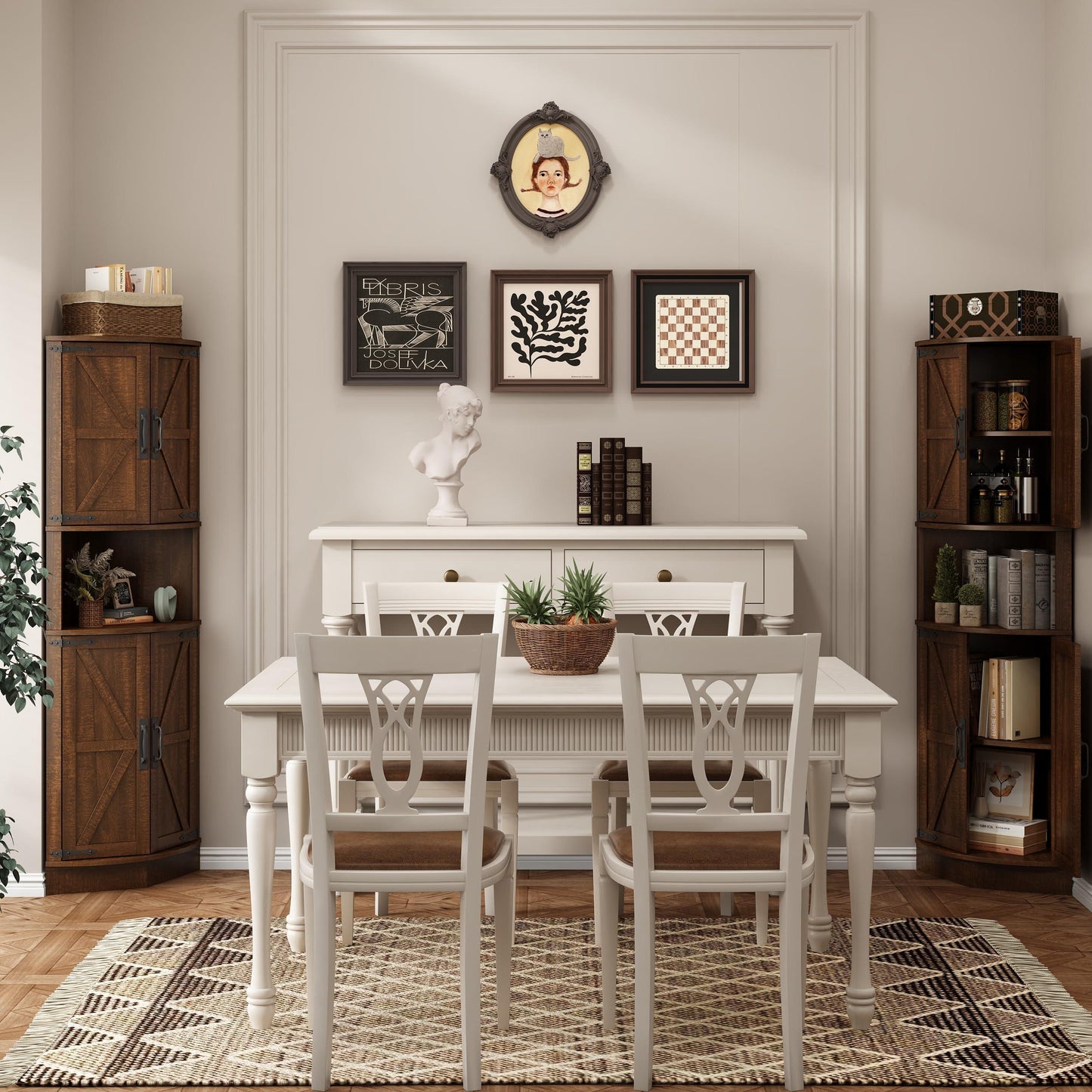 Vabches 64.8" Tall Farmhouse Corner Cabinet with 4 Doors and 5 Storage Shelves, Farmhouse Storage Cabinet with Barn Door Design, Home Space Saver for Living Room, Kitchen, Laundry Room,White.