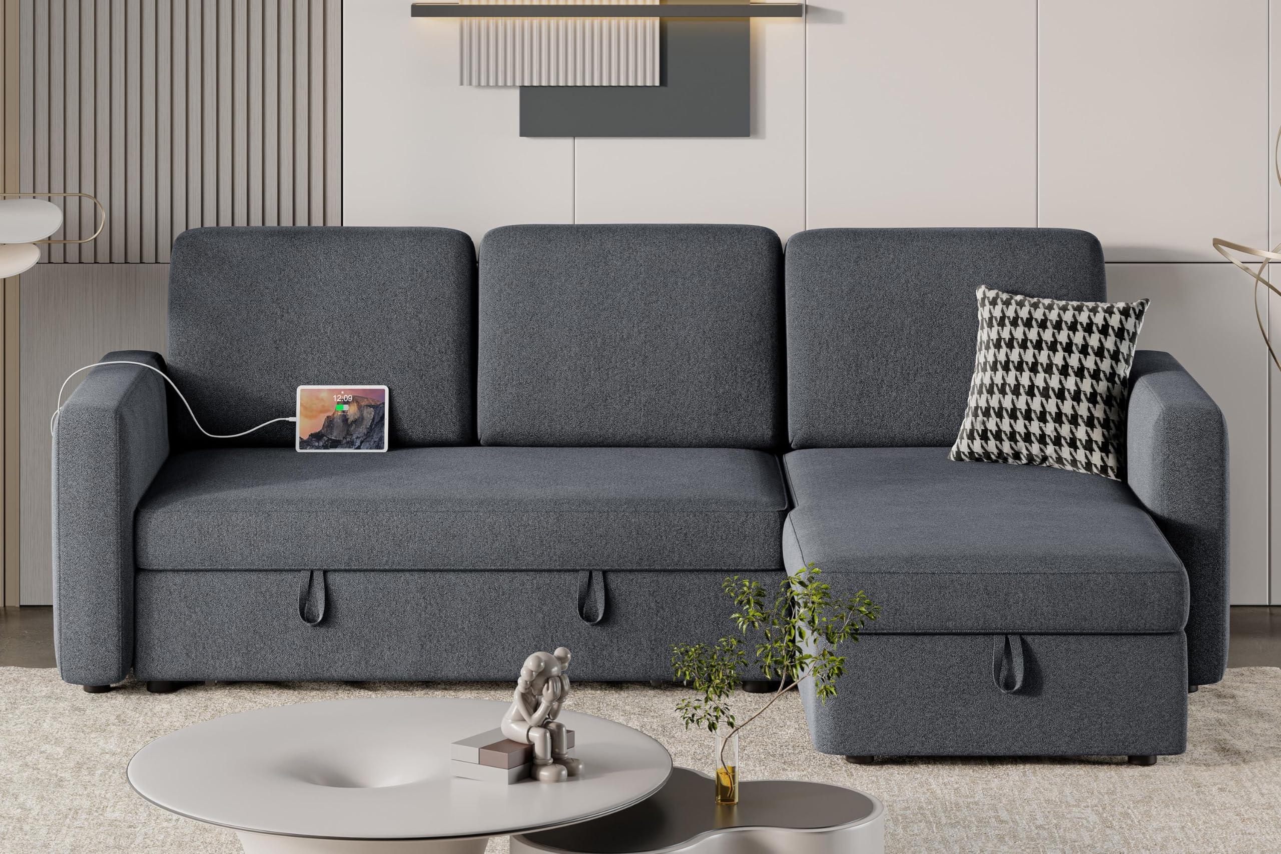 Yaheetech Sectional Sofa L-Shaped Sofa Couch Bed w/Chaise & USB, Reversible Couch Sleeper w/Pull Out Bed & Storage Space, 4-seat Fabric Convertible Sofa, Pull Out Couch for Living Room Dark Gray.