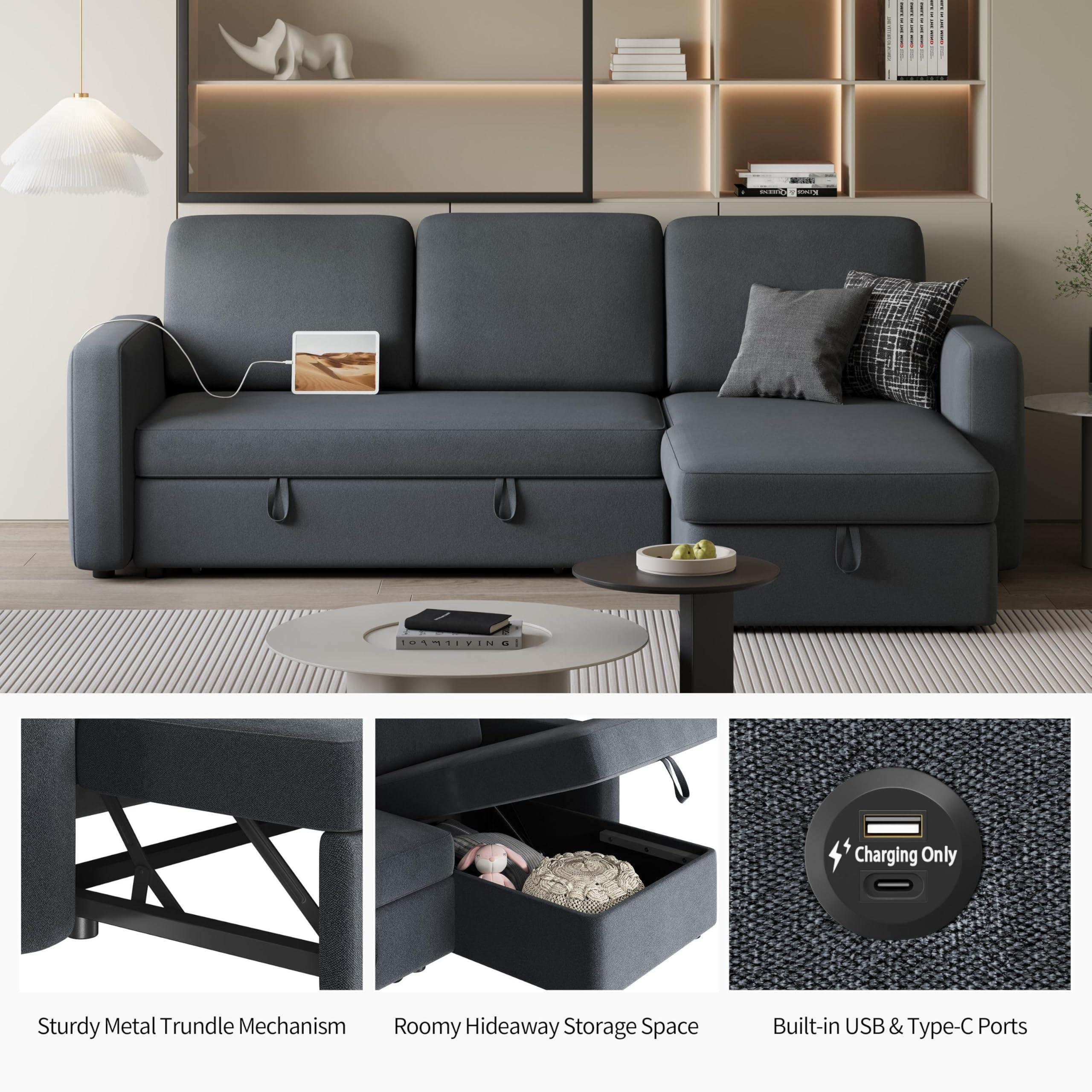 Yaheetech Sectional Sofa L-Shaped Sofa Couch Bed w/Chaise & USB, Reversible Couch Sleeper w/Pull Out Bed & Storage Space, 4-seat Fabric Convertible Sofa, Pull Out Couch for Living Room Dark Gray.