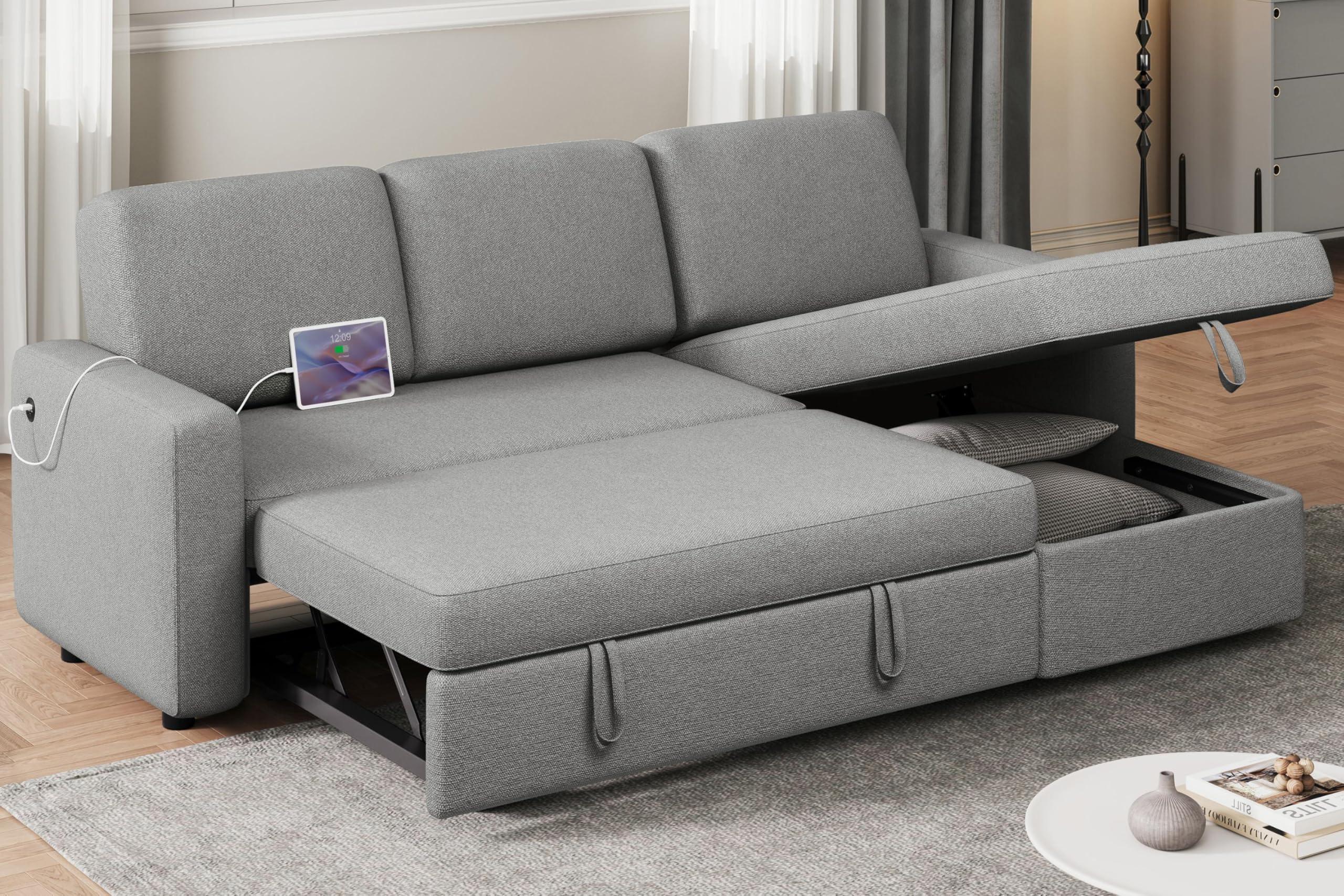 Yaheetech Sectional Sofa L-Shaped Sofa Couch Bed w/Chaise & USB, Reversible Couch Sleeper w/Pull Out Bed & Storage Space, 4-seat Fabric Convertible Sofa, Pull Out Couch for Living Room Dark Gray.