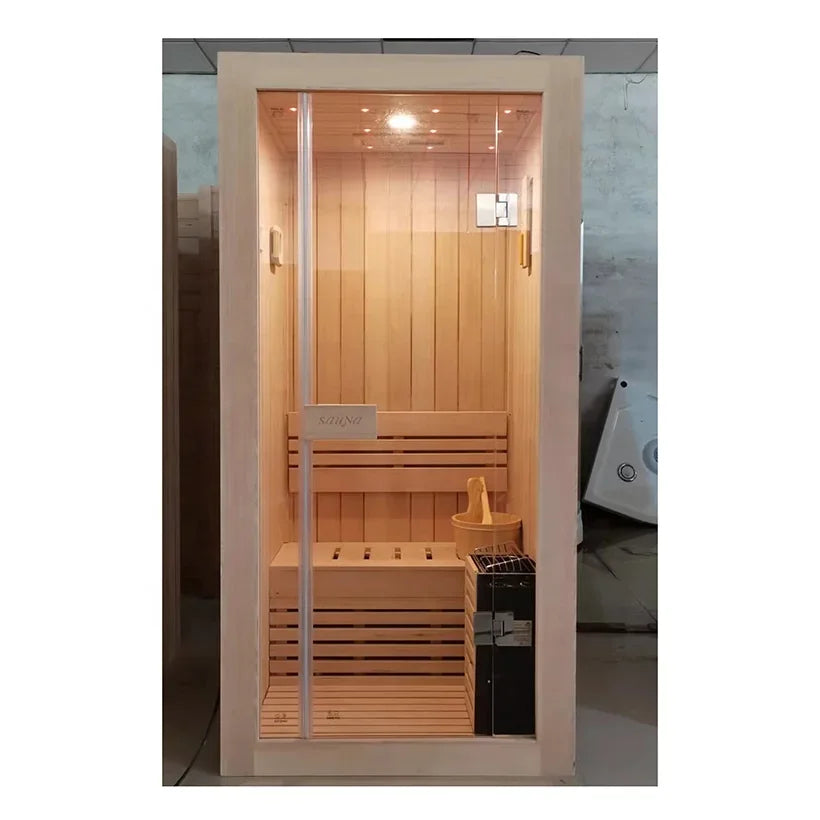 One Person Home Mini Traditional Canadian Hemlock Wood Indoor Wet And Dry Steam Bath Sauna Room.