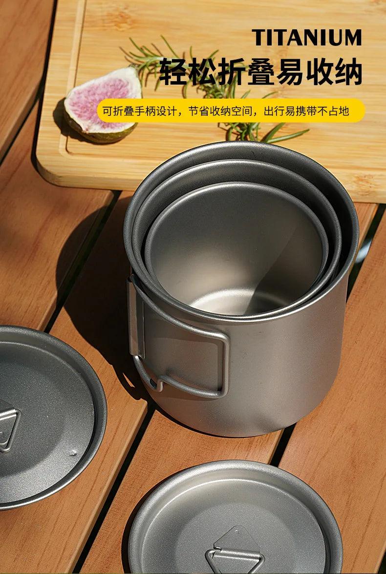 1/3PCS Titanium Cookware Set Ultralight 750ml Pot 220/380ml Water Cup Mug w Lid Folding Spork for Outdoor Camping Backpacking.