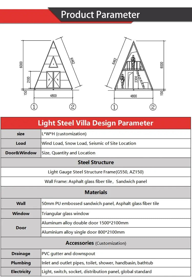 Boutique Style Modular A Frame Steel Camper Bungalow Triangle Kit Houses for Hotel Home.