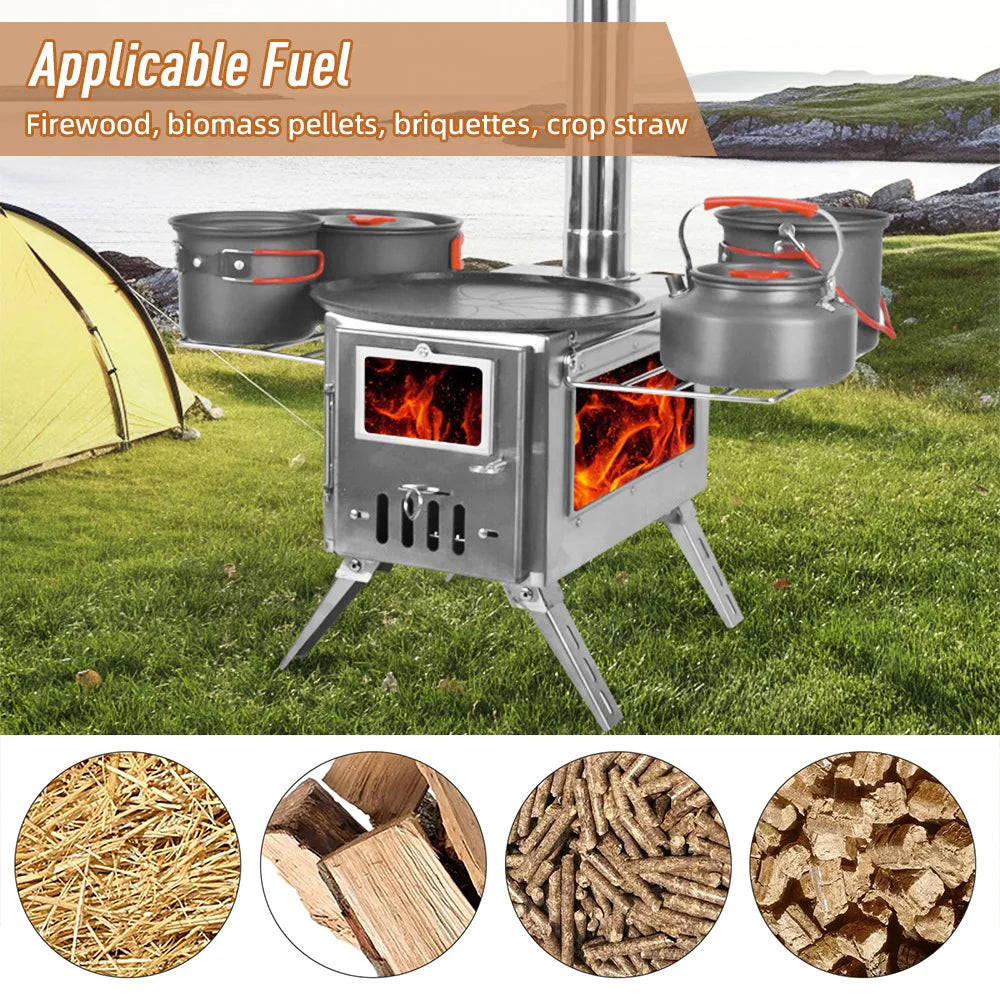 Outdoor Camping Wood-burning Stove for Inside Tents Firewood Burner Foldable Heater with Tent Fire Window Patio Fireplace.