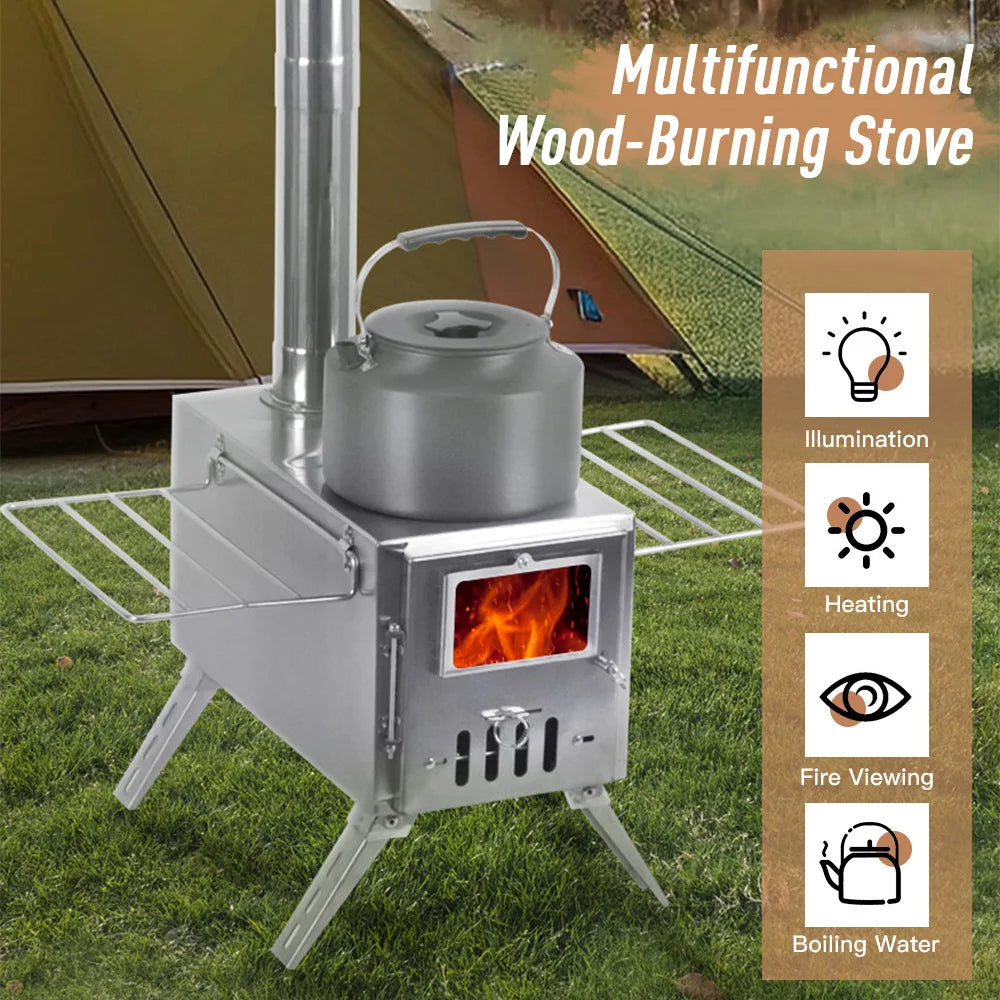 Outdoor Camping Wood-burning Stove for Inside Tents Firewood Burner Foldable Heater with Tent Fire Window Patio Fireplace