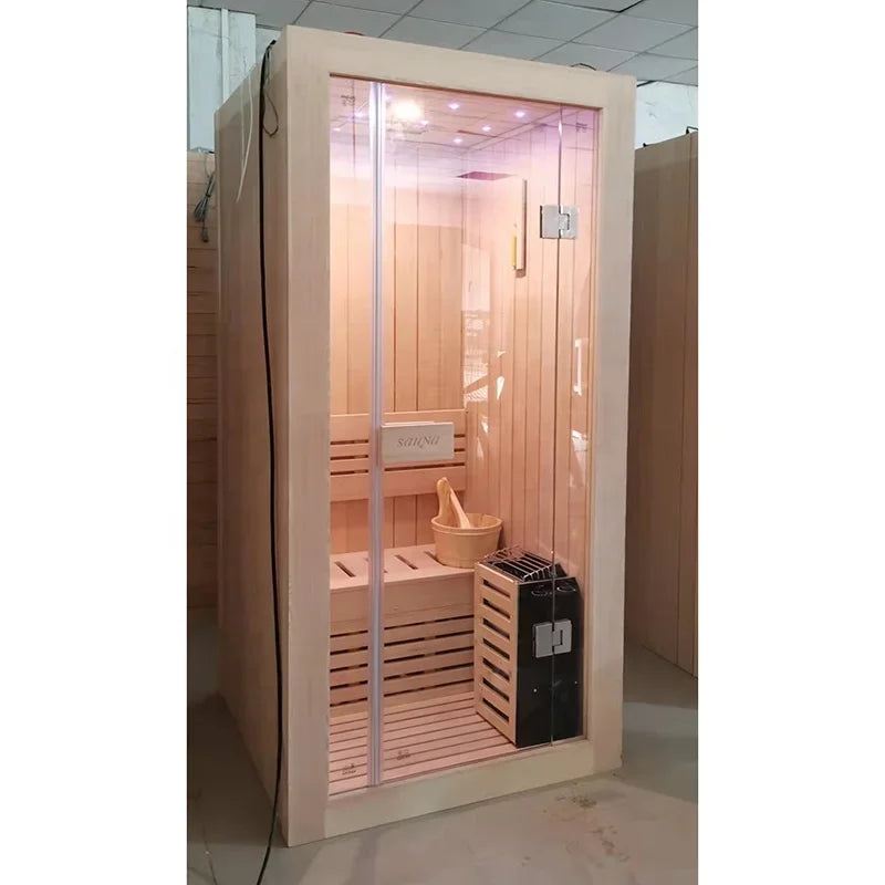 One Person Home Mini Traditional Canadian Hemlock Wood Indoor Wet And Dry Steam Bath Sauna Room.