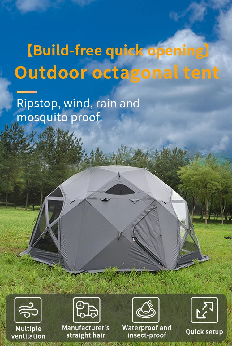 Outdoor Canvas Octagon 6-8 People Thickened Waterproof Double Layer Family Camping Glamping Ball Tent.