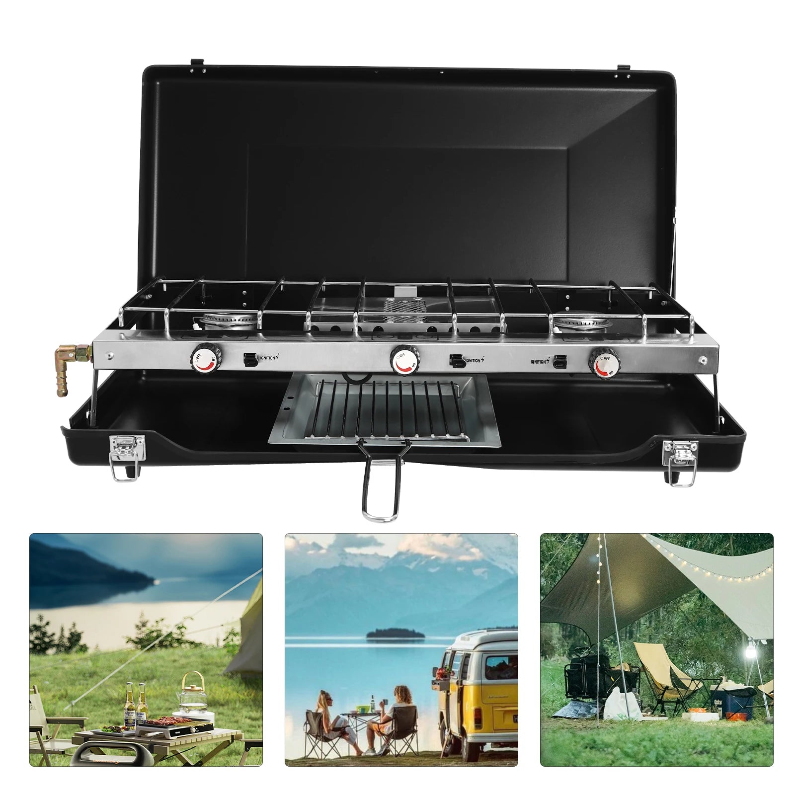 3-Burner Gas Camping Stove, Portable Camping Cooking Stove with Regulator, Outdoor Gas Stove for Car Camping BBQ.