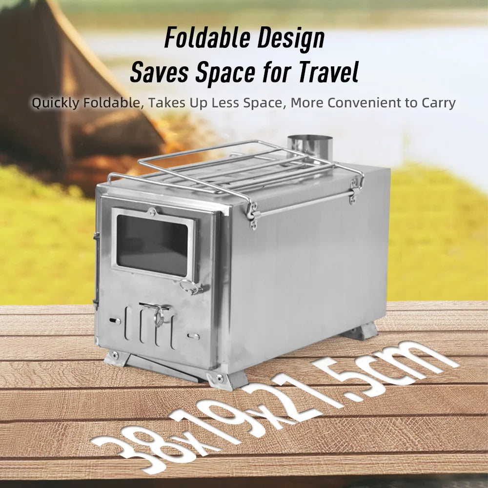 Outdoor Camping Wood-burning Stove for Inside Tents Firewood Burner Foldable Heater with Tent Fire Window Patio Fireplace.