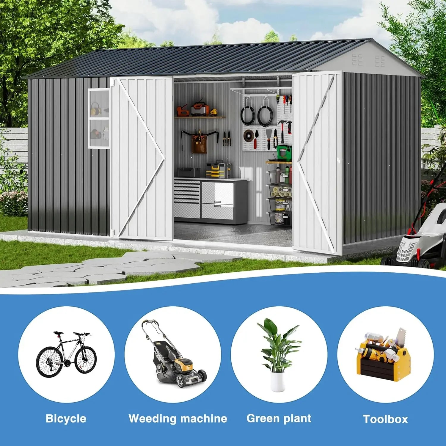 8x12 FT Outdoor Storage Shed, Garden Shed, Lockable Doors and Air Vent, Metal Tool Sheds for Backyard Garden Patio Lawn, Black.