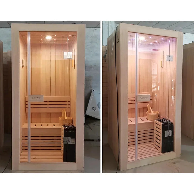 One Person Home Mini Traditional Canadian Hemlock Wood Indoor Wet And Dry Steam Bath Sauna Room.