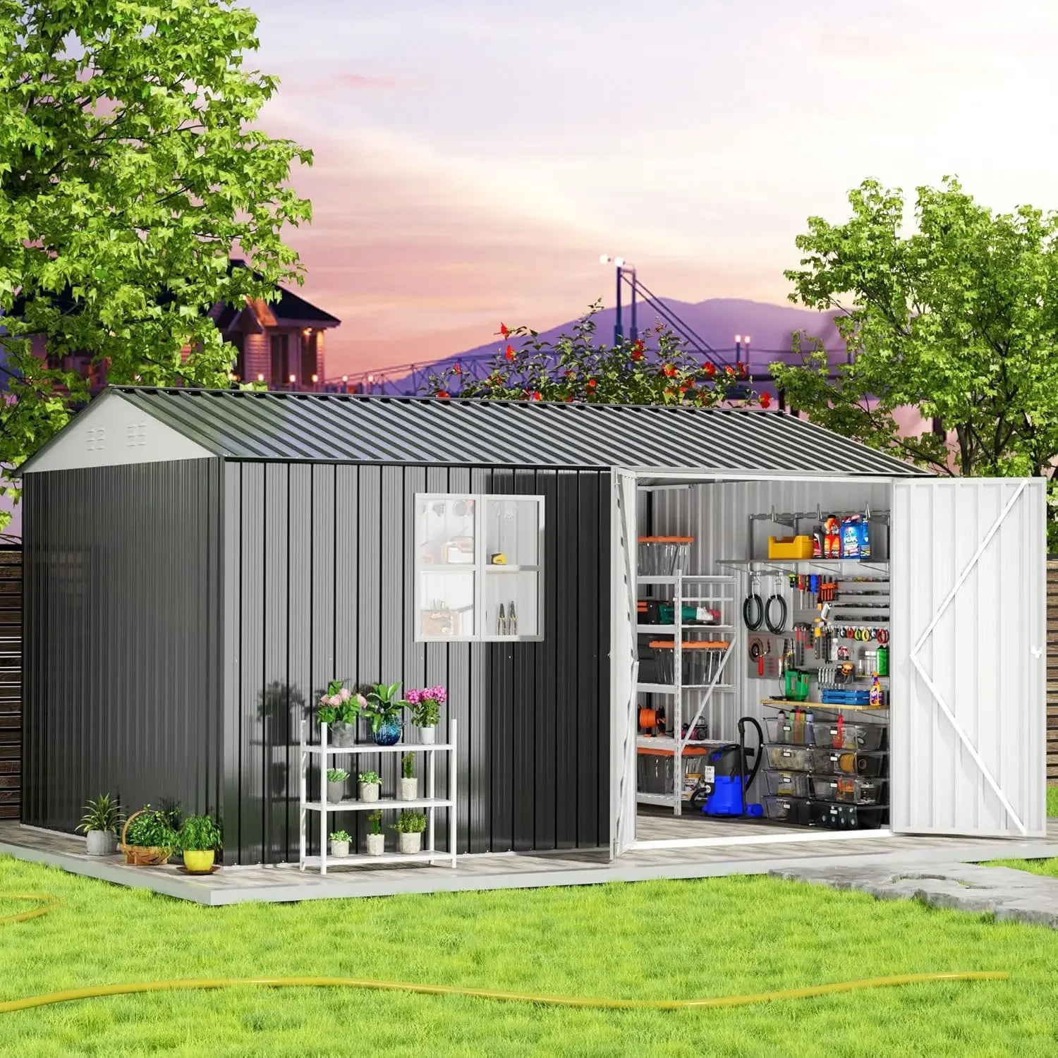 8x12 FT Outdoor Storage Shed, Garden Shed, Lockable Doors and Air Vent, Metal Tool Sheds for Backyard Garden Patio Lawn, Black.