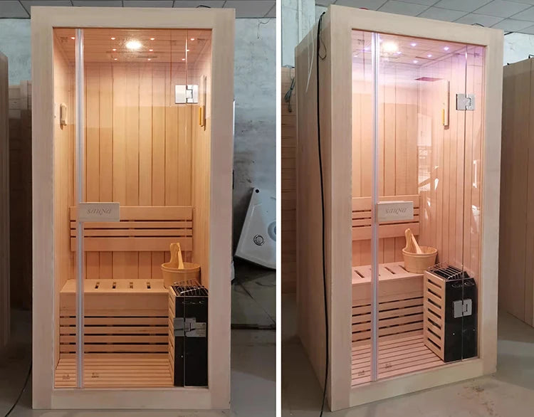 One Person Home Mini Traditional Canadian Hemlock Wood Indoor Wet And Dry Steam Bath Sauna Room.